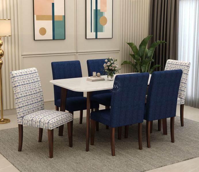 Fichier:Popular Colors for 6-Seater Dining Table Sets Gladys 6 Seater Sheesham Wood Dining Table Set with Marble Top and Upholstered Chairs.jpg
